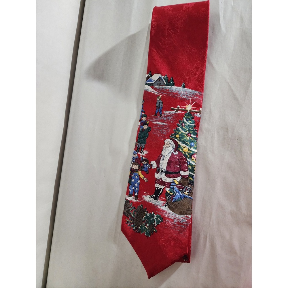Town Craft Mens Christmas Tie Red Santa Claus Snowy Village Holiday Necktie